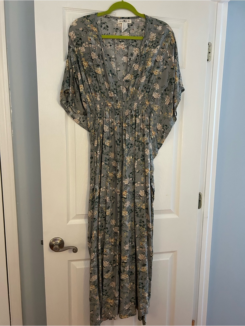 NATURAL LIFE Grey Floral Maxi Dress with Cream & Green Accents